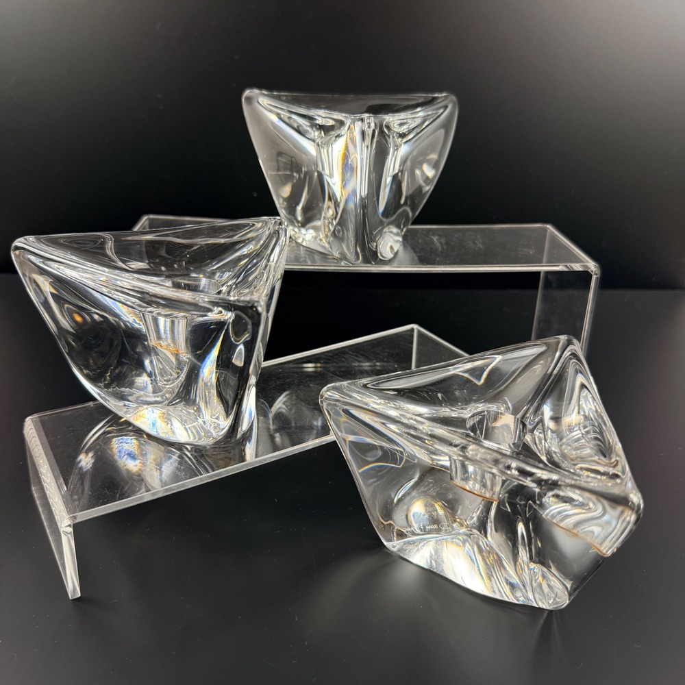 Set of 3 VTG Daum France Crystal Triangle Candle Holders Signed MCM Heavy Glass